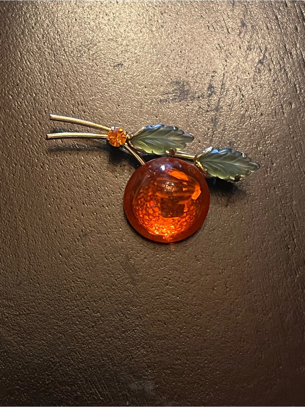 Vintage Orange Glass Fruit Brooch with Frosted Green Leaves Austria